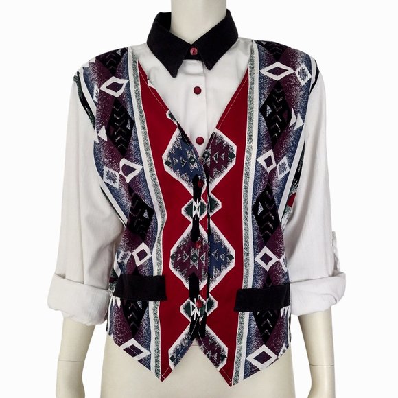 Vintage 1980s Tapestry Roll Tab Sleeve Button Down Faux Vest Shirt - Picture 7 of 15